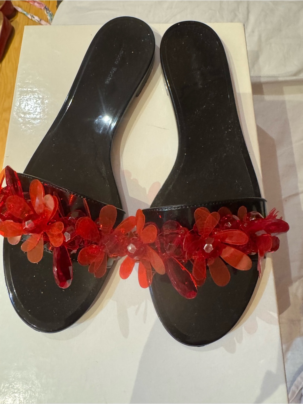 Women’s Black Slip-On Sandals with Red Floral Embellishments Simone rochas